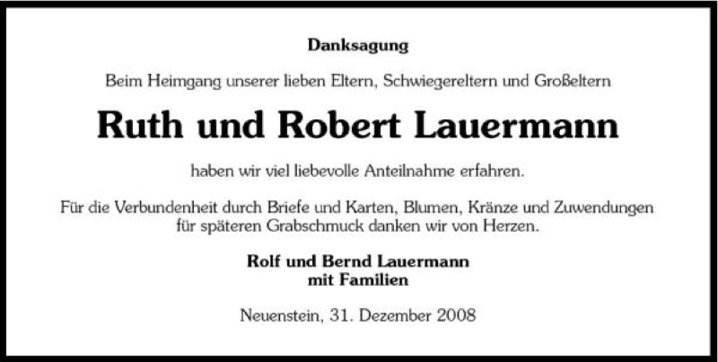  Traueranzeige für Ruth und Bernd Lauermann vom 31.12.2008 aus 