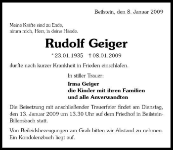 Traueranzeige von Rudolf Geiger 