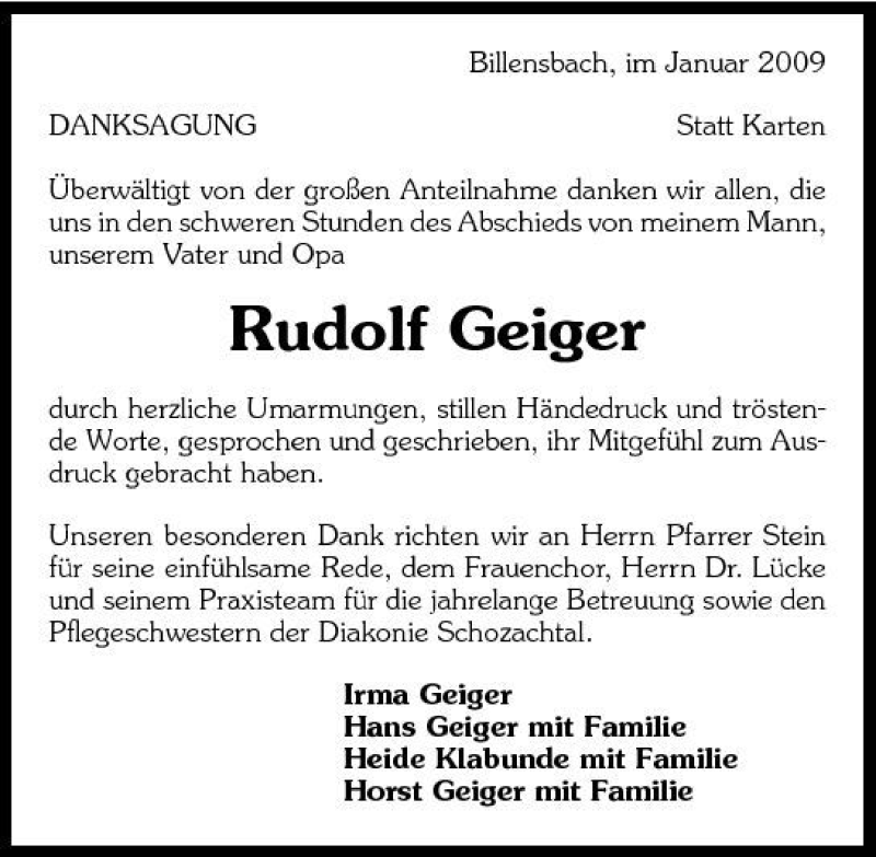  Traueranzeige für Rudolf Geiger vom 24.01.2009 aus 
