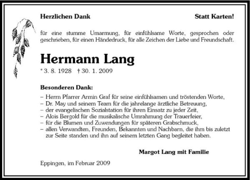  Traueranzeige für Hermann Lang vom 17.02.2009 aus 