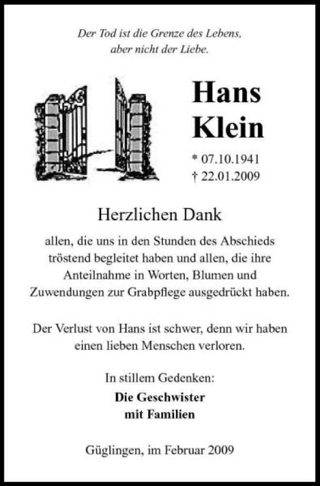  Traueranzeige für Hans Klein vom 18.02.2009 aus 