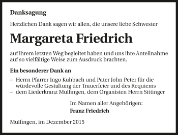 Traueranzeige von Margareta Friedrich 