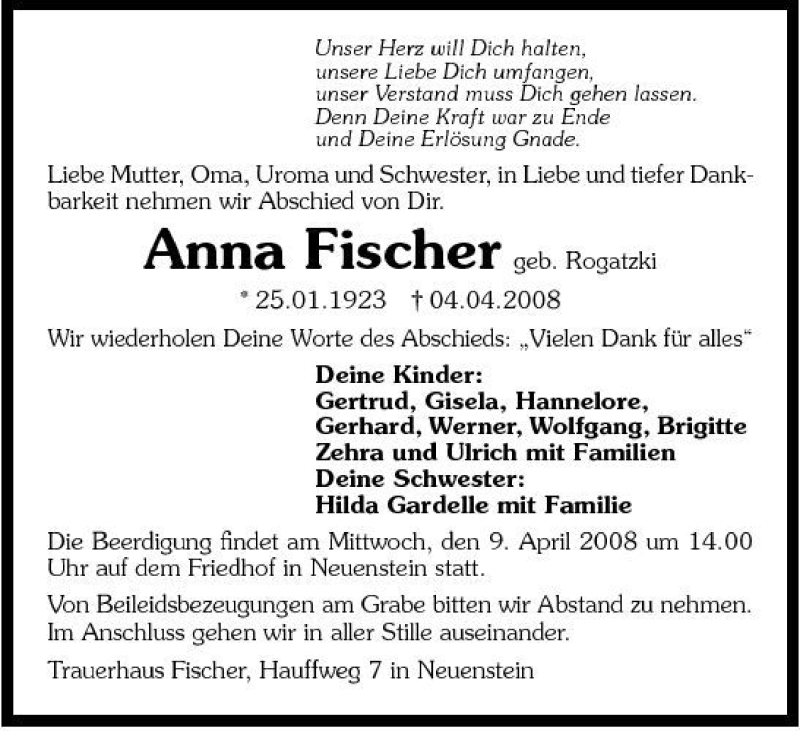  Traueranzeige für Anna Fischer vom 07.04.2008 aus 
