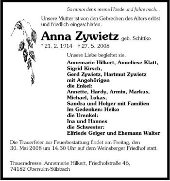Traueranzeige von Anna Zywietz 