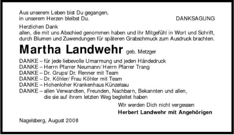  Traueranzeige für Martha Landwehr vom 26.08.2008 aus 