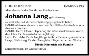 Traueranzeige von Johanna Lang 