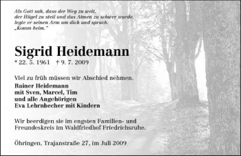 Traueranzeige von Sigrid Heidemann 