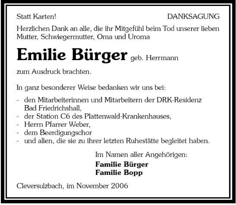  Traueranzeige für Emilie Bürger vom 25.11.2006 aus 