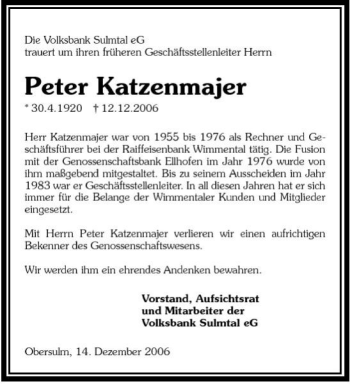 Traueranzeige von Peter Katzenmajer 
