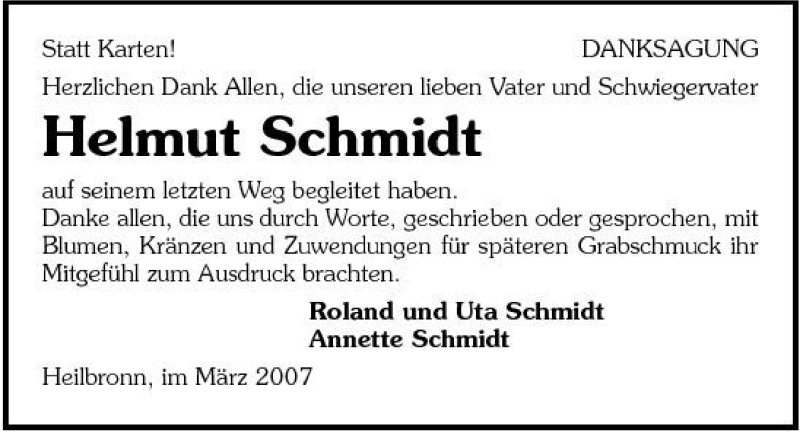  Traueranzeige für Helmut Schmidt vom 30.03.2007 aus 