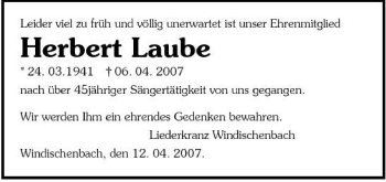Traueranzeige von Herbert Laube 