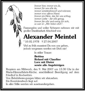 Traueranzeige von Alexander Meintel 