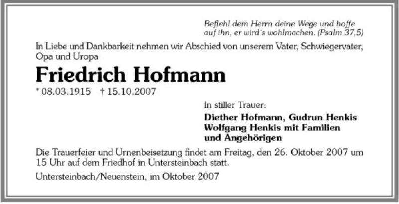  Traueranzeige für Friedrich Hofmann vom 24.10.2007 aus 