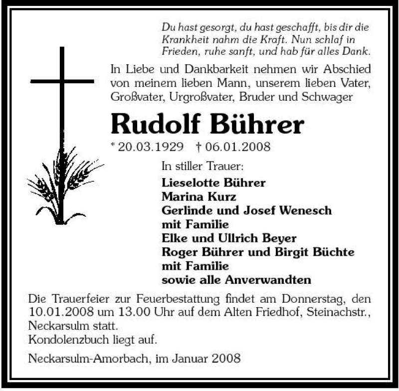  Traueranzeige für Rudolf Bührer vom 08.01.2008 aus 