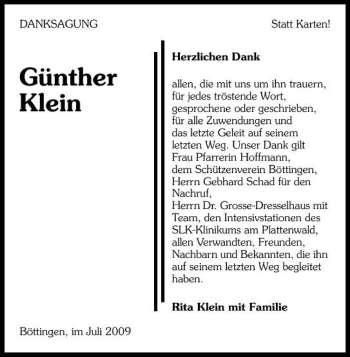 Traueranzeige von Günther Klein 