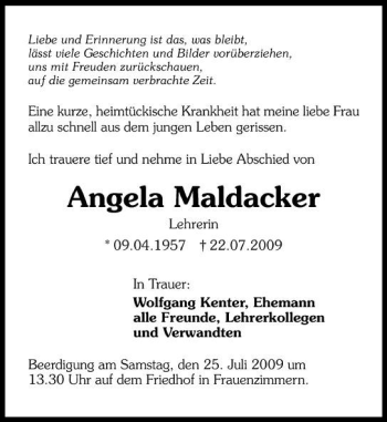 Traueranzeige von Angela Maldacker 