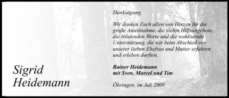  Traueranzeige für Sigrid Heidemann vom 25.07.2009 aus 
