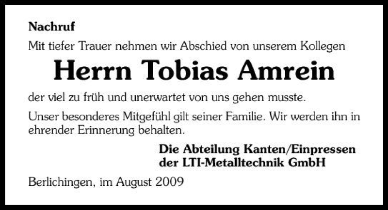  Traueranzeige für Tobias Amrein vom 10.08.2009 aus 