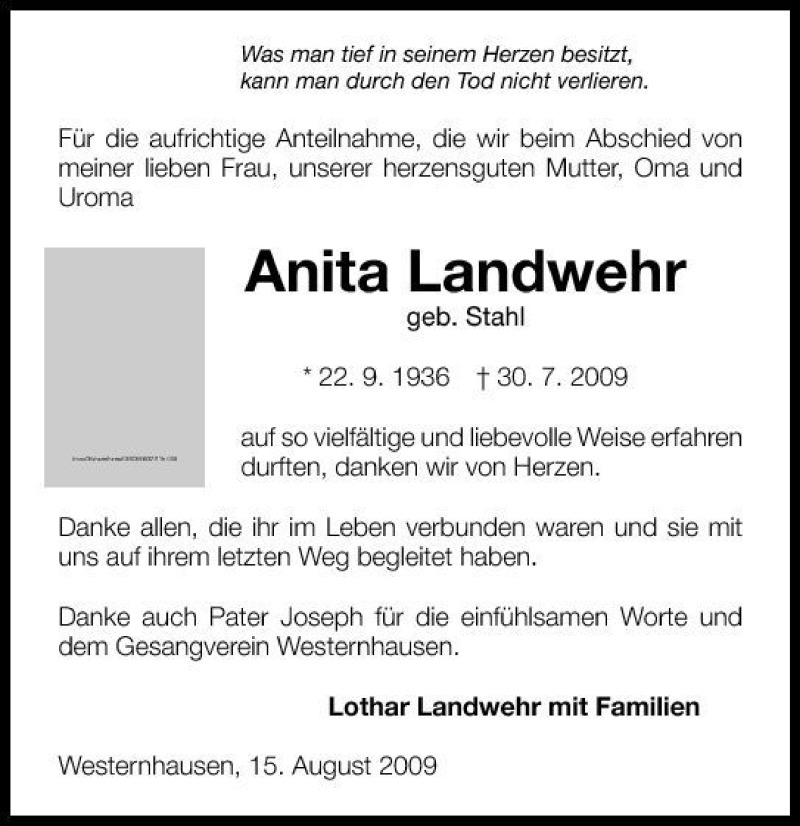  Traueranzeige für Anita Landwehr vom 15.08.2009 aus 