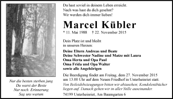 Traueranzeige von Marcel Kübler 