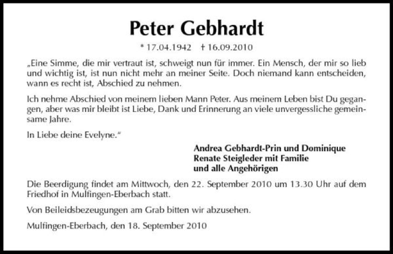  Traueranzeige für Peter Gebhardt vom 20.09.2010 aus 