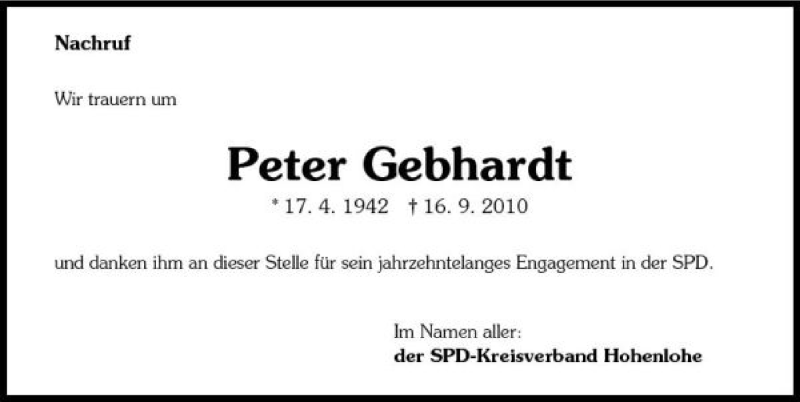  Traueranzeige für Peter Gebhardt vom 21.09.2010 aus 