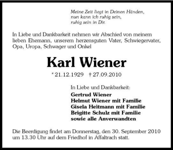 Traueranzeige von Karl Wiener 