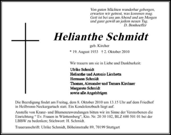 Traueranzeige von Helianthe Schmidt 