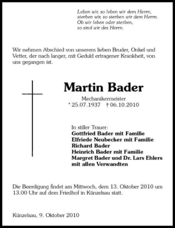 Traueranzeige von Martin Bader 