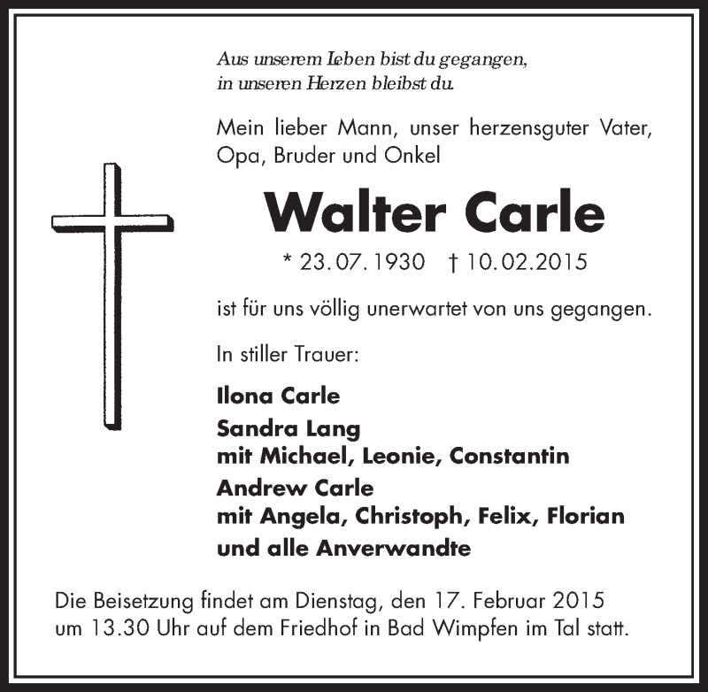  Traueranzeige für Walter Carle vom 14.02.2015 aus 