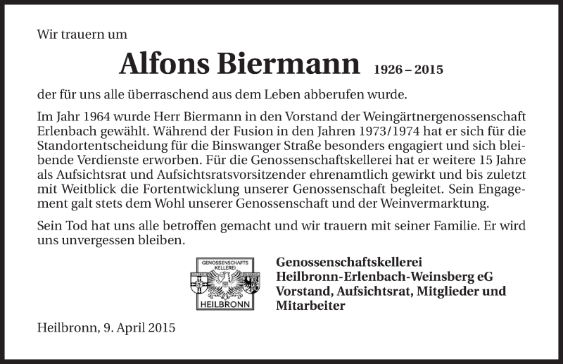  Traueranzeige für Alfons Biermann vom 09.04.2015 aus 