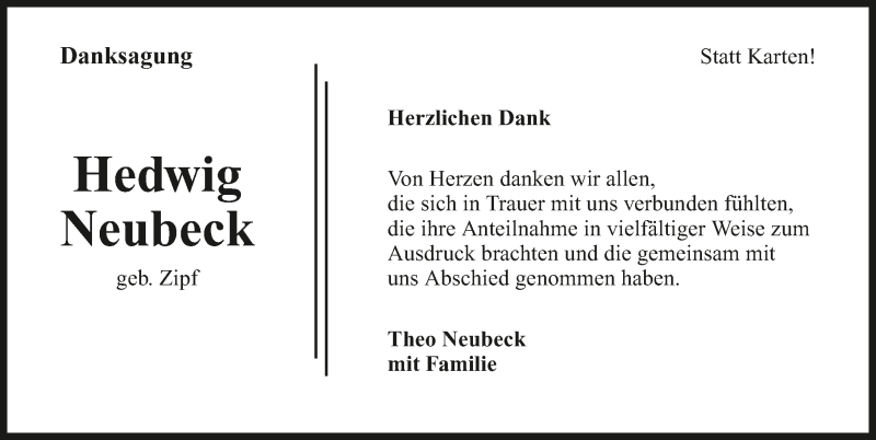  Traueranzeige für Hedwig Neubeck vom 19.08.2015 aus 
