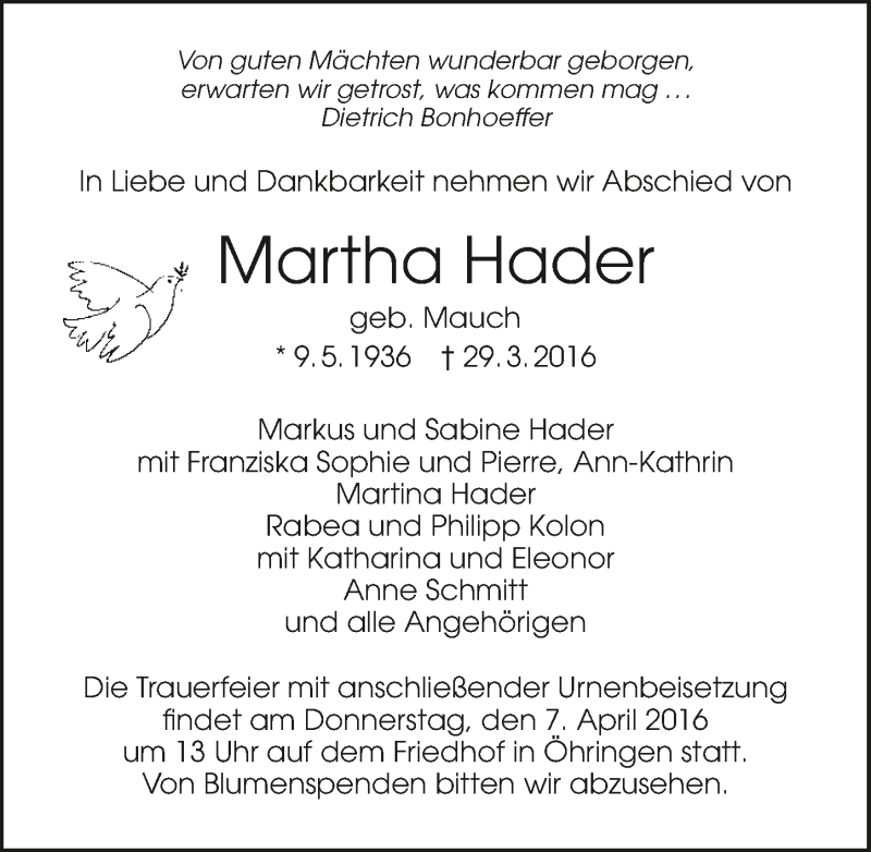  Traueranzeige für Martha Hader vom 04.04.2016 aus 