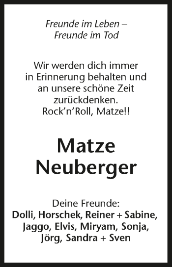 Traueranzeige von Matze Neuberger 