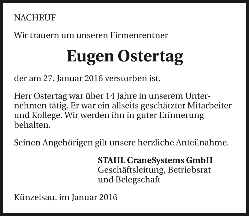  Traueranzeige für Eugen Ostertag vom 30.01.2016 aus 