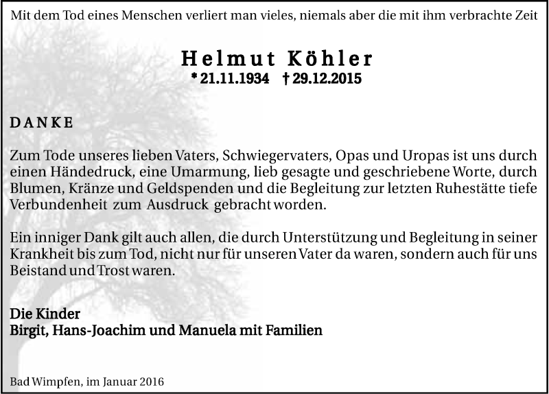  Traueranzeige für Helmut Köhler vom 28.01.2016 aus 