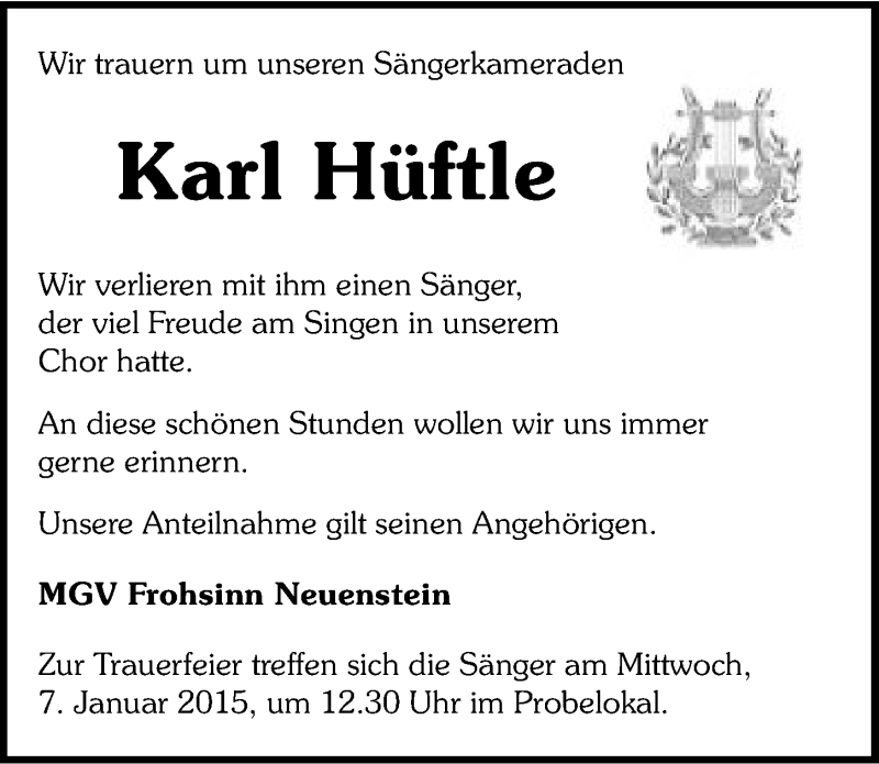  Traueranzeige für Karl Hüftle vom 03.01.2015 aus 