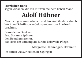 Traueranzeige von Adolf Hübner 