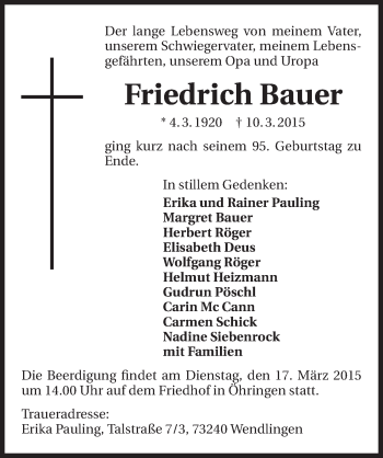Traueranzeige von Friedrich Bauer 