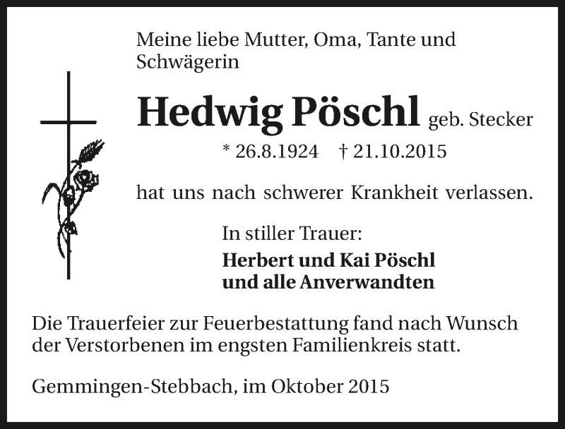  Traueranzeige für Hedwig Pöschl vom 29.10.2015 aus 