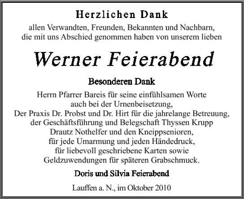  Traueranzeige für Werner Feierabend vom 30.10.2010 aus 