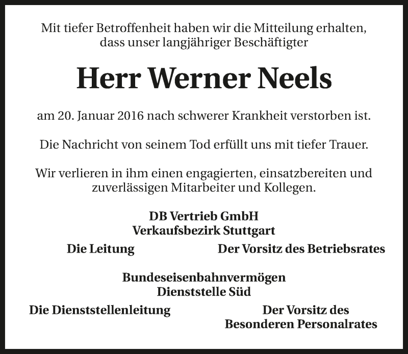  Traueranzeige für Werner Neels vom 23.01.2016 aus 