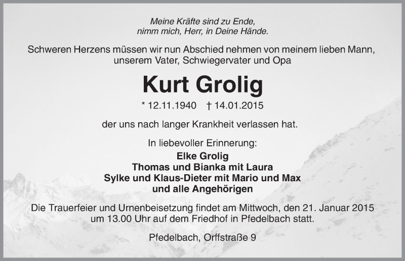  Traueranzeige für Kurt Grolig vom 17.01.2015 aus 