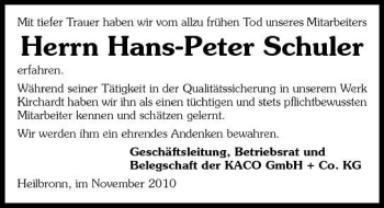 Traueranzeige von Hans-Peter Schuler 