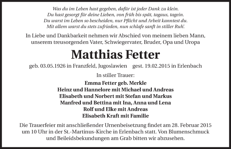  Traueranzeige für Matthias Fetter vom 26.02.2015 aus 