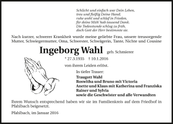Traueranzeige von Ingeborg Wahl 