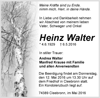 Traueranzeige von Heinz Walter 