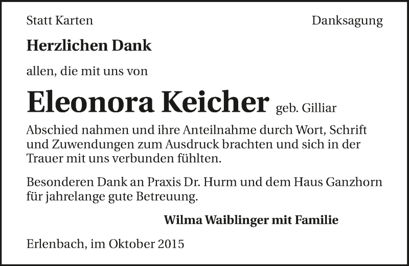  Traueranzeige für Eleonora Keicher vom 15.10.2015 aus 