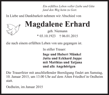 Traueranzeige von Magdalene Erhard 