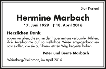 Traueranzeige von Hermine Marbach 